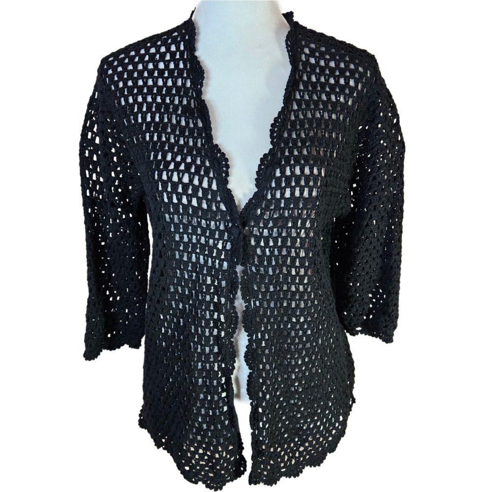 Vintage Crochet Cardigan Womens Medium Black Open Knit Boho Whimsigoth Cottage